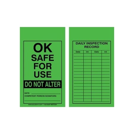 Accuform Safety Tags, OK SAFE FOR USE DO NOT ALTER, 5.75in x 3.25in, RP-Plastic, 25PK MGT204PTP